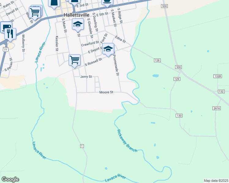 map of restaurants, bars, coffee shops, grocery stores, and more near 415 Moore Street in Hallettsville
