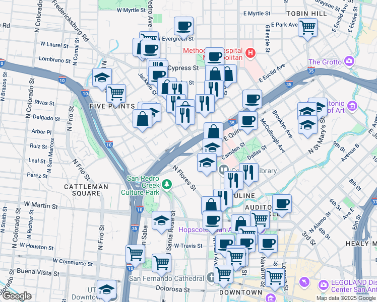 map of restaurants, bars, coffee shops, grocery stores, and more near 203 Jackson Street in San Antonio