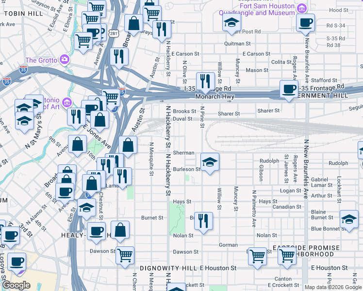 map of restaurants, bars, coffee shops, grocery stores, and more near 1213 North Olive Street in San Antonio