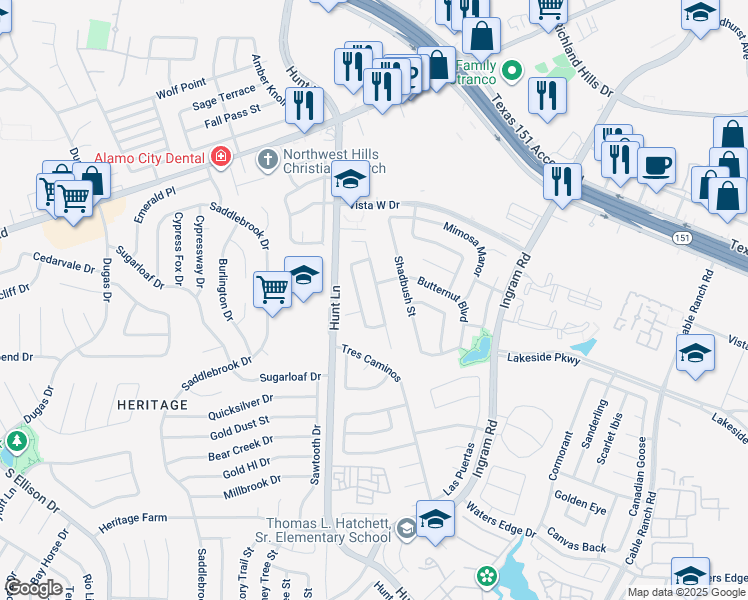 map of restaurants, bars, coffee shops, grocery stores, and more near 315 Spruce Breeze in San Antonio