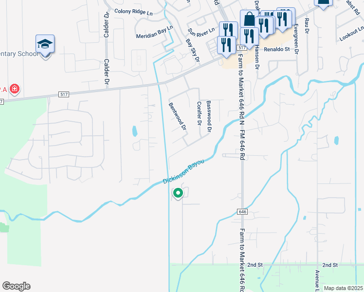 map of restaurants, bars, coffee shops, grocery stores, and more near 1059 Misty Cliff Drive in Dickinson