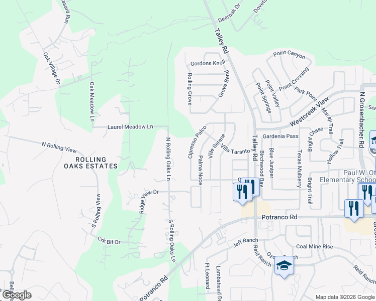 map of restaurants, bars, coffee shops, grocery stores, and more near 13151 Cipresso Palco in San Antonio