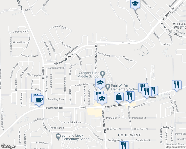 map of restaurants, bars, coffee shops, grocery stores, and more near 218 Hollow Grove in San Antonio