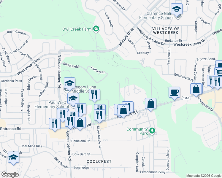 map of restaurants, bars, coffee shops, grocery stores, and more near 136 Exeter Place Drive in San Antonio