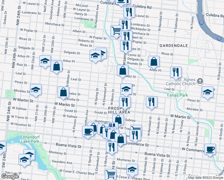 map of restaurants, bars, coffee shops, grocery stores, and more near 2203 Perez Street in San Antonio