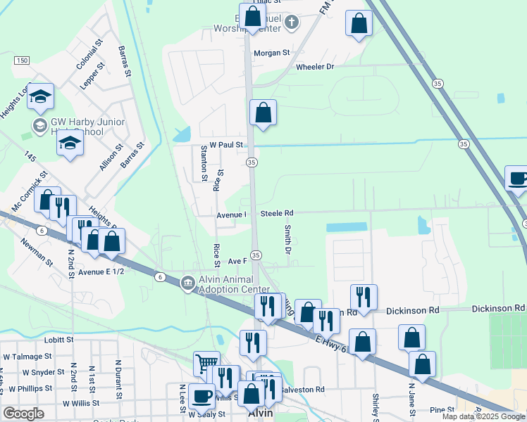 map of restaurants, bars, coffee shops, grocery stores, and more near 1326 North Gordon Street in Alvin