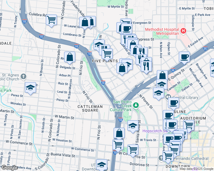 map of restaurants, bars, coffee shops, grocery stores, and more near 1014 Camaron Street in San Antonio