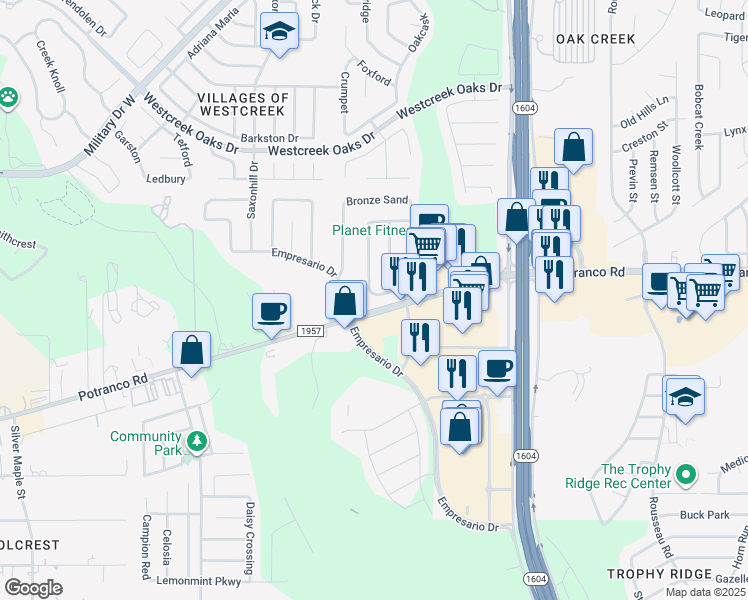 map of restaurants, bars, coffee shops, grocery stores, and more near 11434 Winters Edge in San Antonio