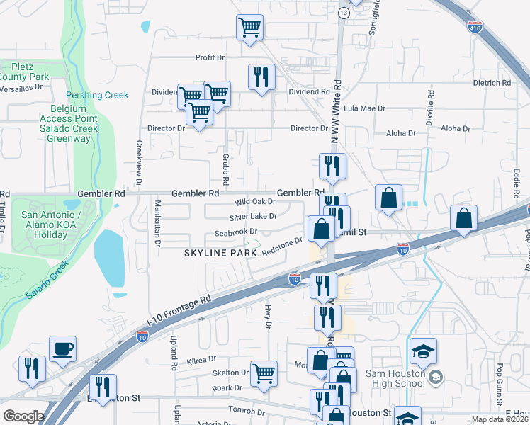 map of restaurants, bars, coffee shops, grocery stores, and more near 4327 Silver Lake Drive in San Antonio