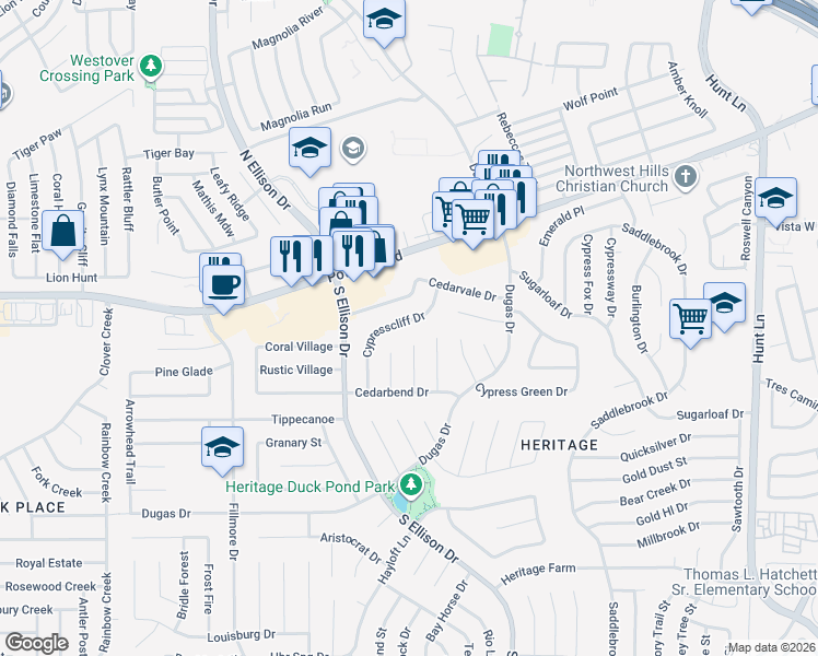 map of restaurants, bars, coffee shops, grocery stores, and more near 630 Cypresscliff Drive in San Antonio