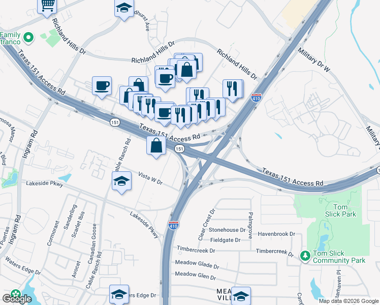 map of restaurants, bars, coffee shops, grocery stores, and more near Raymond E. Stotzer Junior Freeway in San Antonio