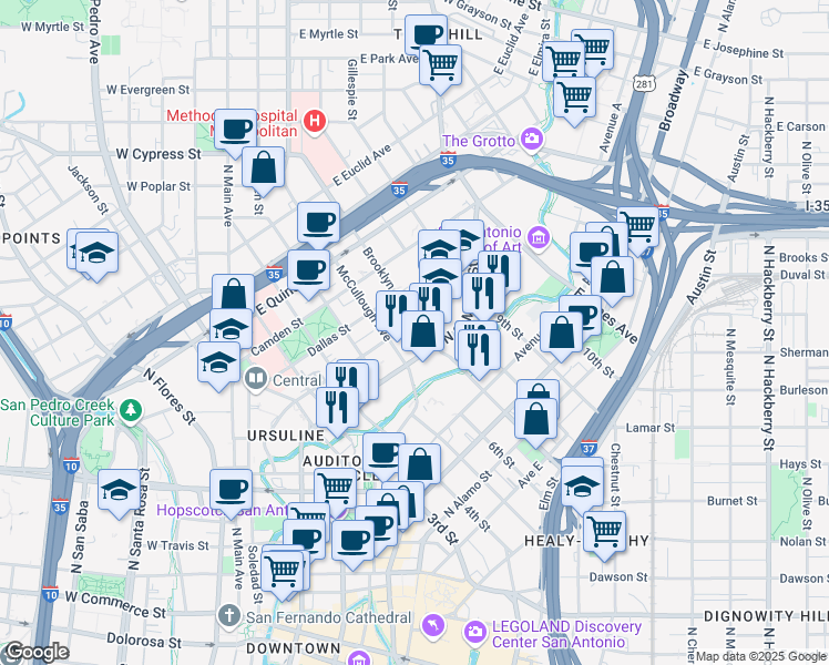 map of restaurants, bars, coffee shops, grocery stores, and more near 814 Augusta Street in San Antonio