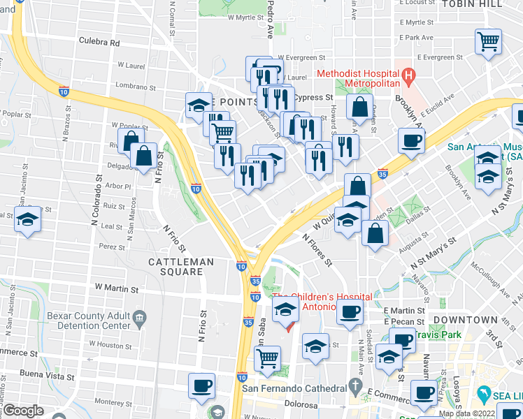 map of restaurants, bars, coffee shops, grocery stores, and more near 945 North Flores Street in San Antonio
