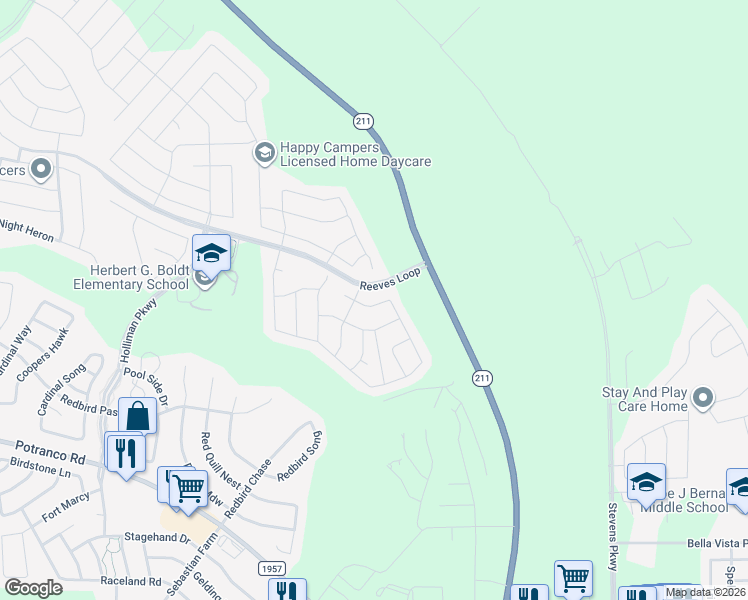map of restaurants, bars, coffee shops, grocery stores, and more near 14735 Hooded Merganser in San Antonio