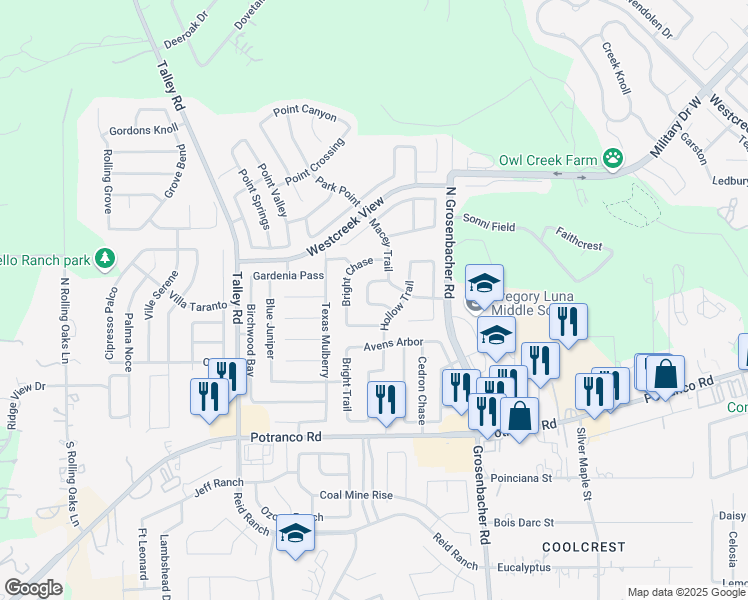 map of restaurants, bars, coffee shops, grocery stores, and more near 208 Quartz Bend in San Antonio