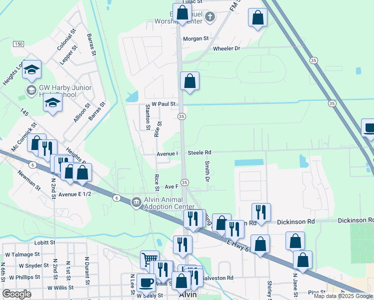 map of restaurants, bars, coffee shops, grocery stores, and more near 1326 North Gordon Street in Alvin