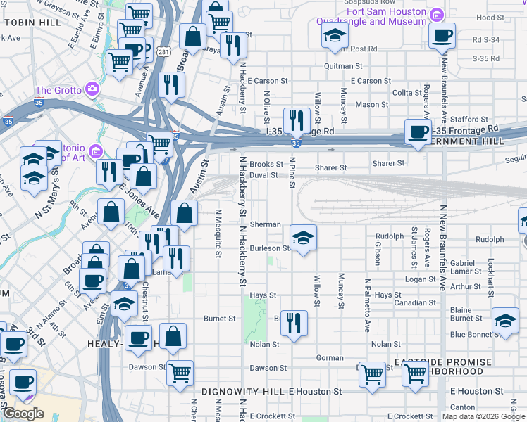 map of restaurants, bars, coffee shops, grocery stores, and more near 1213 North Olive Street in San Antonio