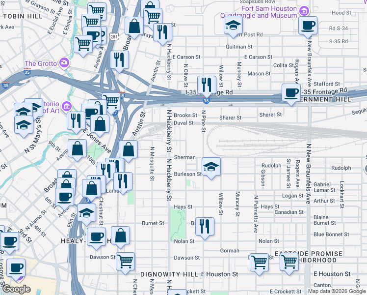 map of restaurants, bars, coffee shops, grocery stores, and more near 1213 North Olive Street in San Antonio