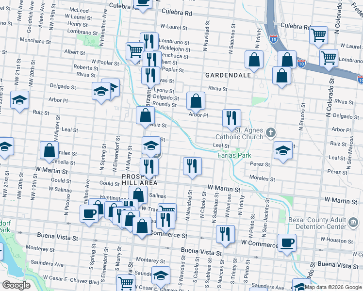 map of restaurants, bars, coffee shops, grocery stores, and more near 1230 Leal Street in San Antonio