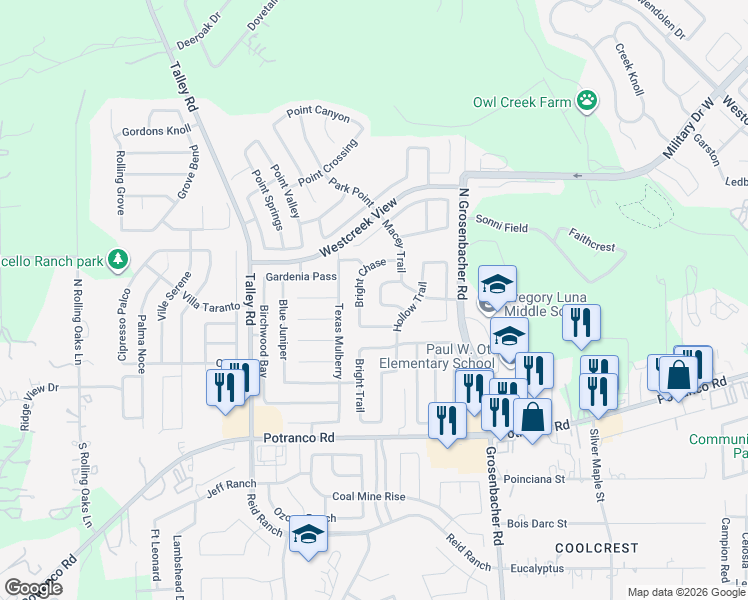 map of restaurants, bars, coffee shops, grocery stores, and more near 208 Quartz Bend in San Antonio