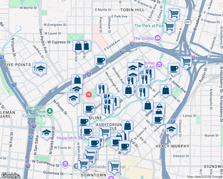 map of restaurants, bars, coffee shops, grocery stores, and more near 719 Augusta Street in San Antonio