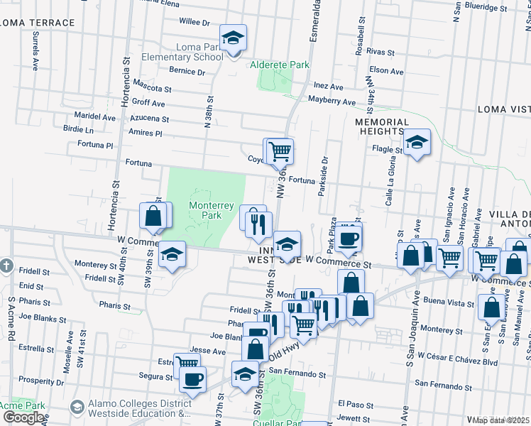 map of restaurants, bars, coffee shops, grocery stores, and more near 143 Southwest 36th Street in San Antonio