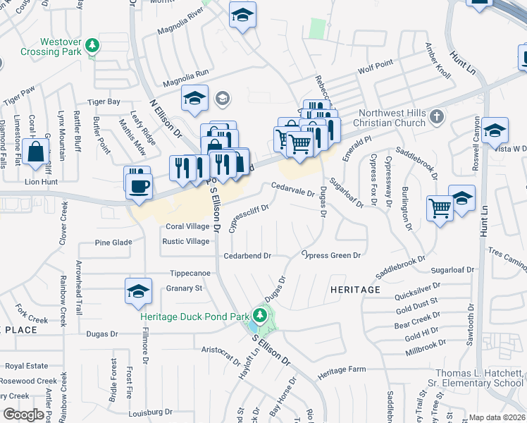 map of restaurants, bars, coffee shops, grocery stores, and more near 630 Cypresscliff Drive in San Antonio