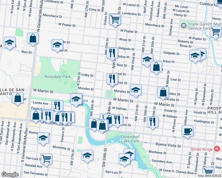 map of restaurants, bars, coffee shops, grocery stores, and more near 3618 Morales Street in San Antonio