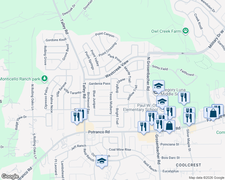 map of restaurants, bars, coffee shops, grocery stores, and more near 248 Texas Mulberry in San Antonio