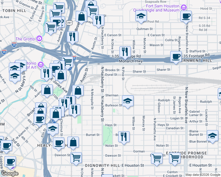 map of restaurants, bars, coffee shops, grocery stores, and more near 1213 North Olive Street in San Antonio