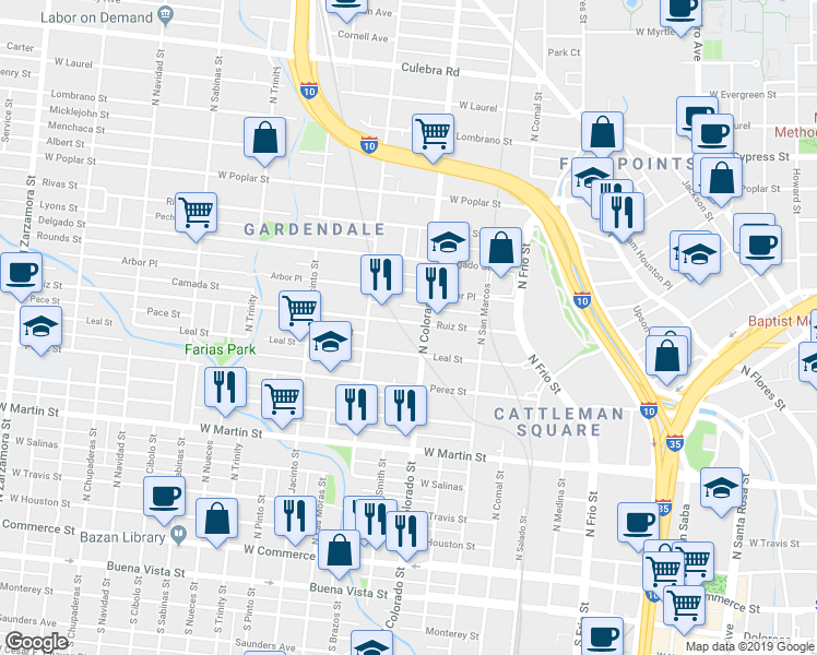 map of restaurants, bars, coffee shops, grocery stores, and more near 608 Ruiz Street in San Antonio