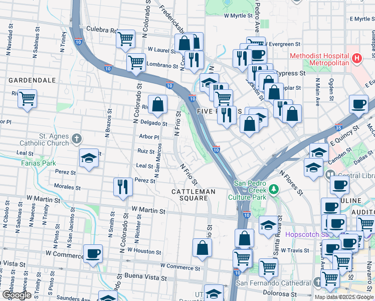 map of restaurants, bars, coffee shops, grocery stores, and more near 910 North Frio Street in San Antonio