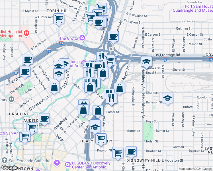 map of restaurants, bars, coffee shops, grocery stores, and more near 1000 Broadway in San Antonio