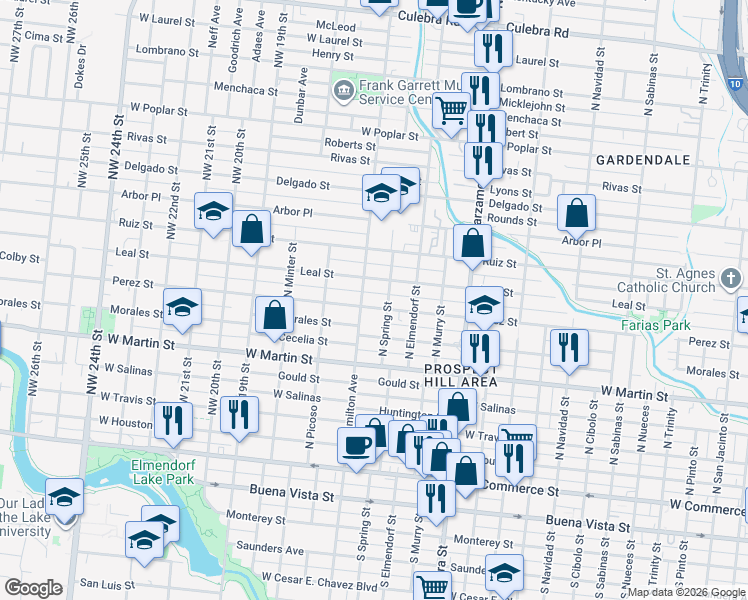 map of restaurants, bars, coffee shops, grocery stores, and more near 2420 Perez Street in San Antonio