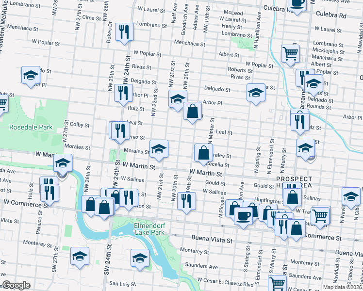 map of restaurants, bars, coffee shops, grocery stores, and more near 610 Northwest 20th Street in San Antonio