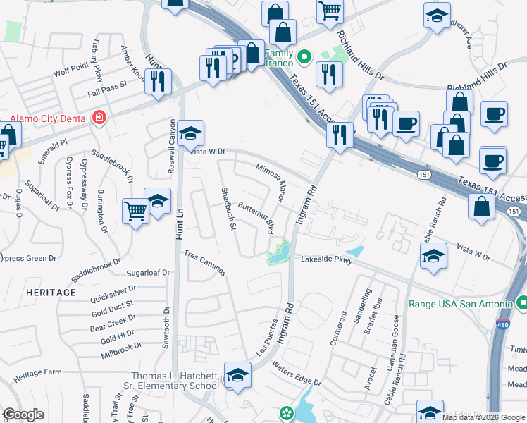 map of restaurants, bars, coffee shops, grocery stores, and more near 254 Butternut Boulevard in San Antonio