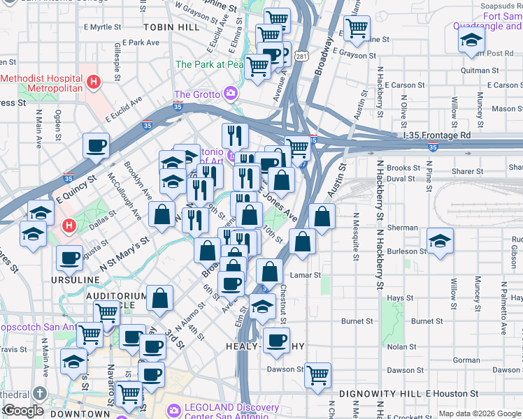 map of restaurants, bars, coffee shops, grocery stores, and more near 298 10th Street in San Antonio