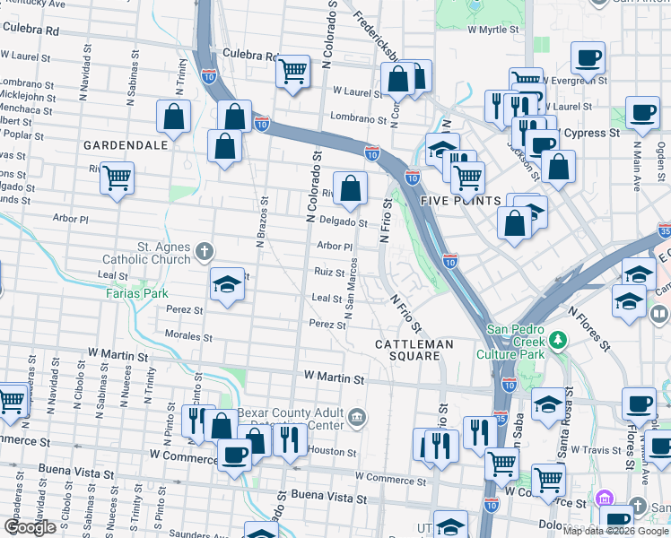 map of restaurants, bars, coffee shops, grocery stores, and more near in San Antonio