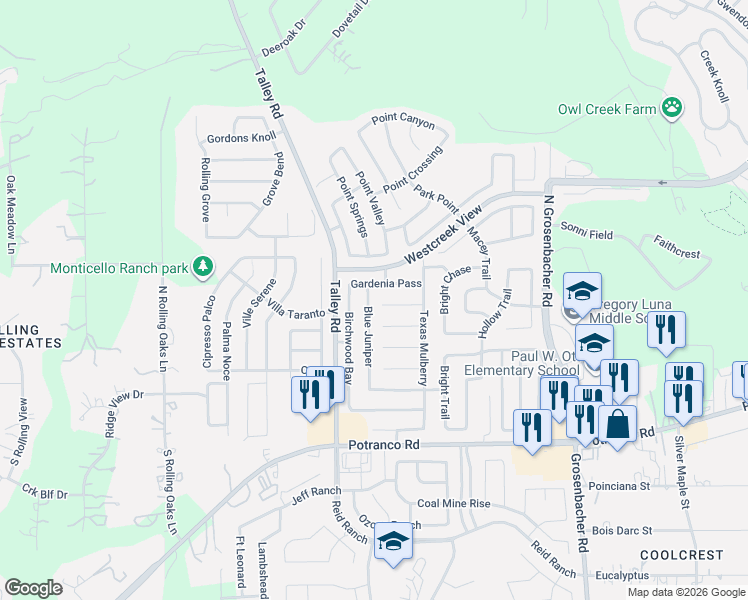 map of restaurants, bars, coffee shops, grocery stores, and more near 227 Blue Juniper in San Antonio