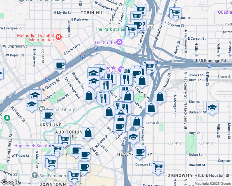 map of restaurants, bars, coffee shops, grocery stores, and more near in San Antonio