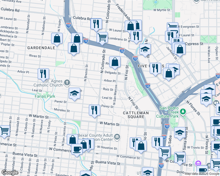 map of restaurants, bars, coffee shops, grocery stores, and more near in San Antonio