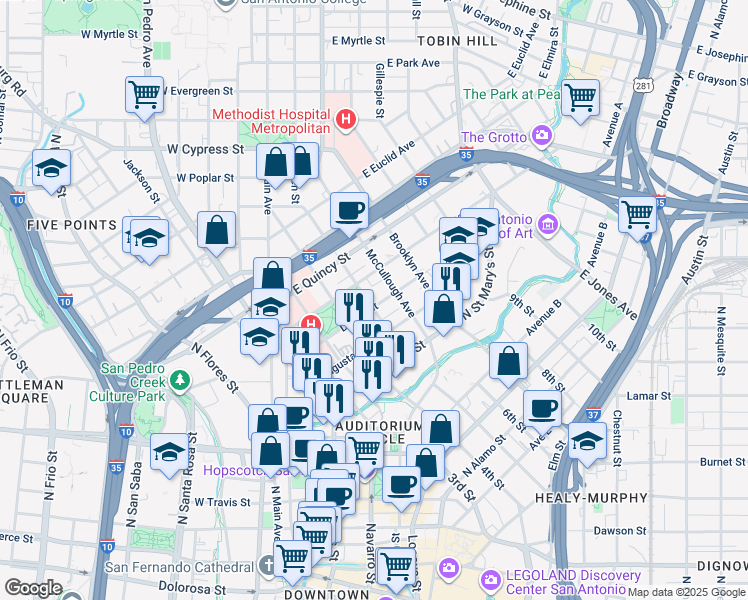 map of restaurants, bars, coffee shops, grocery stores, and more near 325 Dallas Street in San Antonio