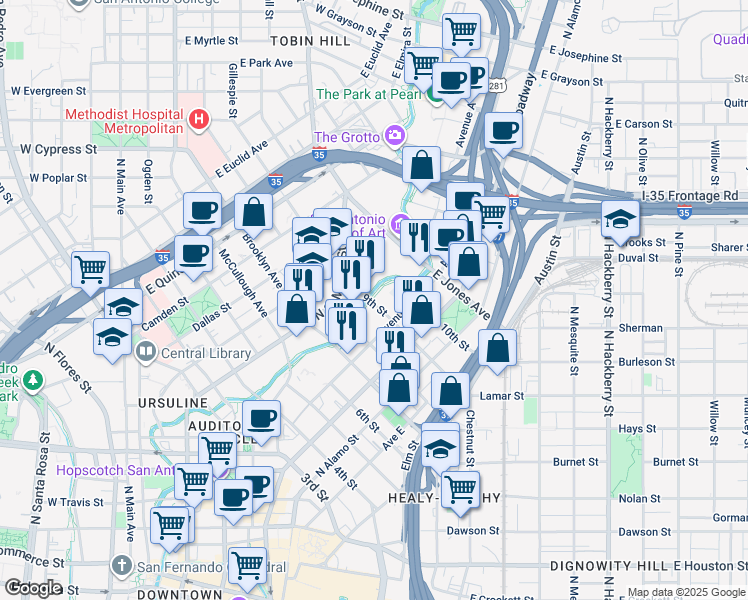map of restaurants, bars, coffee shops, grocery stores, and more near 120 9th Street in San Antonio