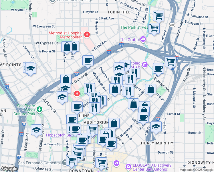 map of restaurants, bars, coffee shops, grocery stores, and more near 714 McCullough Avenue in San Antonio