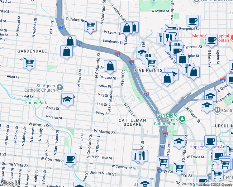 map of restaurants, bars, coffee shops, grocery stores, and more near 827 North Frio Street in San Antonio