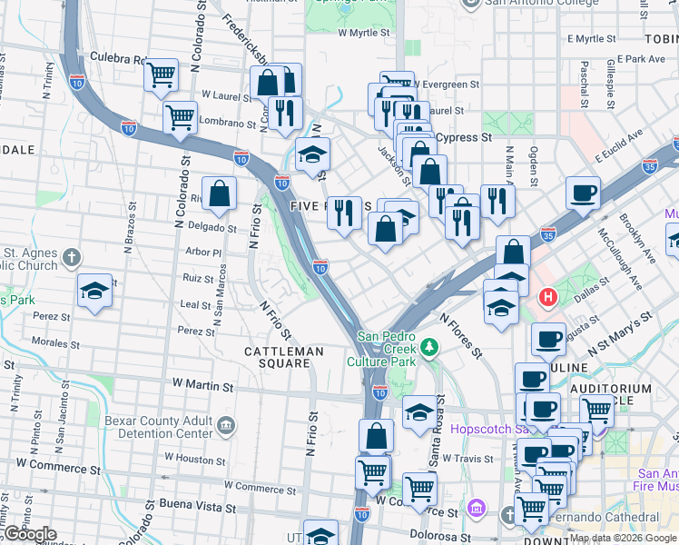 map of restaurants, bars, coffee shops, grocery stores, and more near 1014 Camaron Street in San Antonio