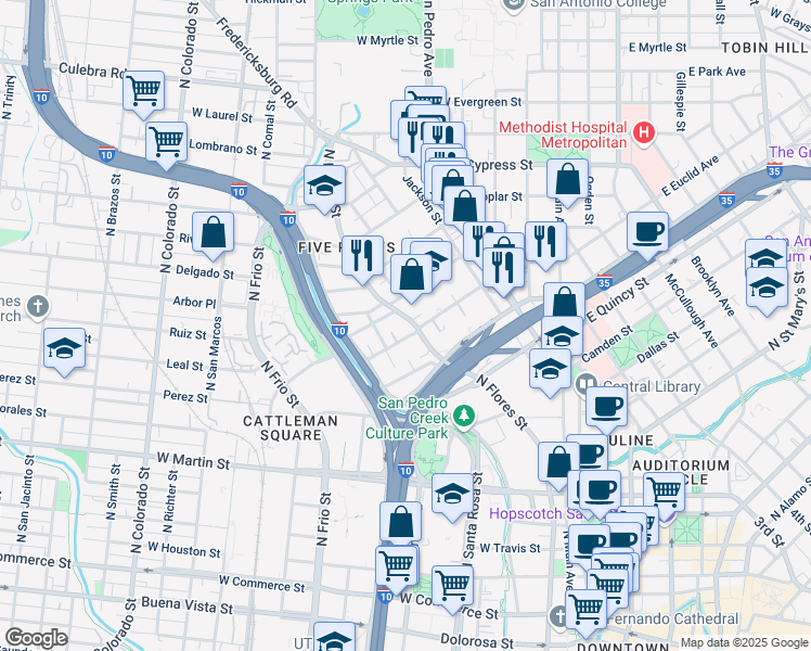 map of restaurants, bars, coffee shops, grocery stores, and more near 824 West Euclid Avenue in San Antonio