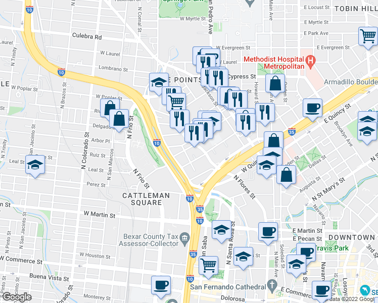 map of restaurants, bars, coffee shops, grocery stores, and more near 824 West Euclid Avenue in San Antonio
