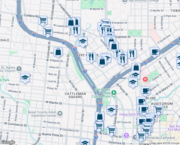 map of restaurants, bars, coffee shops, grocery stores, and more near 1014 Camaron Street in San Antonio