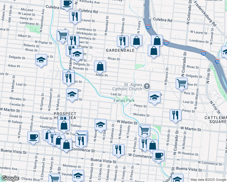 map of restaurants, bars, coffee shops, grocery stores, and more near 1114 Leal Street in San Antonio